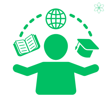Person with book, globe, and graduation cap, symbolizing technical training