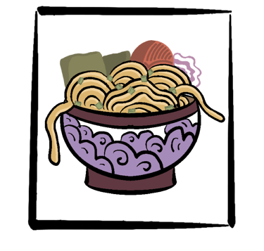 A bowl of noodles with seaweed and naruto.