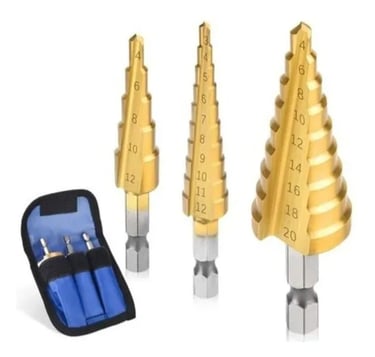 Three-piece titanium step drill bit set with hex shanks and blue storage pouch for metal drilling.