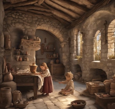 une petite fille joue dans une maison bourgeoise du 10ème siècle en France