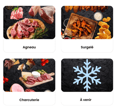 Catégories de la boucherie en ligne : agneau, produits surgelés, charcuterie halal, et catégorie à v
