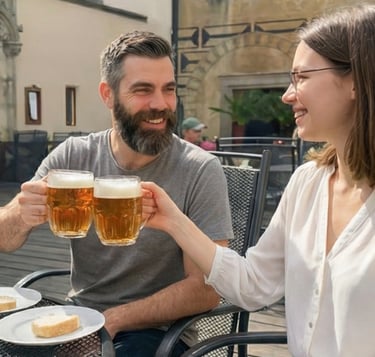 Smiling couple clinking Czech beer glasses at an outdoor castle brewery terrace