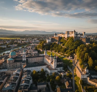 Aerial view of Salzburg skyline with the historic fortress.