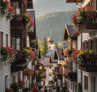 Charming traditional street in the Austrian Alps with floral balconies.