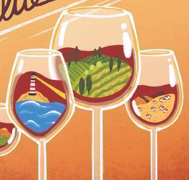 closeup of an illustration with wine glasses containing different landscapes inside