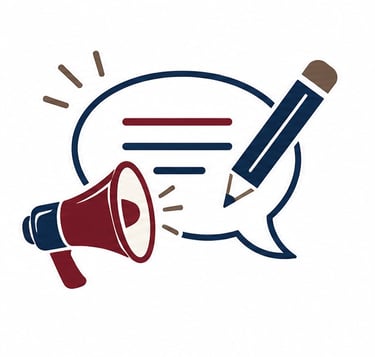 An icon featuring a speech bubble, pencil, and communication elements.