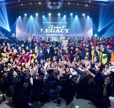 a group of people standing around a stage