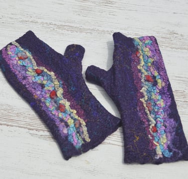 Handmade purple felted wool fingerless gloves with colorful textured nuno felted decor