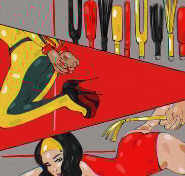 Luxury BDSM restrain gear on illustrated models. 