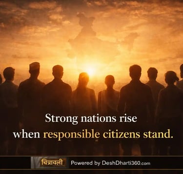 Silhouettes of diverse Indian citizens united under sunrise, symbolizing civic responsibility and peace building.