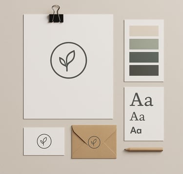 Mockup de diferentes elementos de identidade visual: logos, paleta de cores, tipografias e materiais