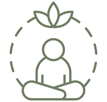 A green line art icon of a person meditating in a lotus pose with a leaf symbol for wellness.