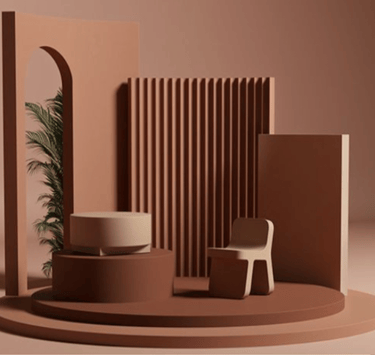 Abstract interior with a podium, vertical panels, and a minimalist chair.
