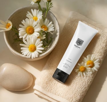 White facial cleanser tube on a beige towel with chamomile flowers and a smooth stone for natural skincare.