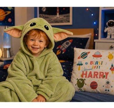Little boy dressed as an astronaut sitting in his space-themed bedroom, surrounded by rockets, planets and space gifts 