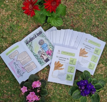 fanzines impressos do FanBio sobre um gramado com flores