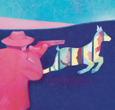 illustration représentant un chasseur pointant une biche composée de visages humains