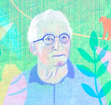 illustration représentant Frans de waal au milieu de la nature avecun singe sur un branche