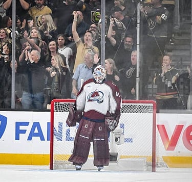 Scott Wedgewood of the Colorado avalanche looks on as the Golden Knights defeat the Avalanche in game 3 of the 2026 WCF