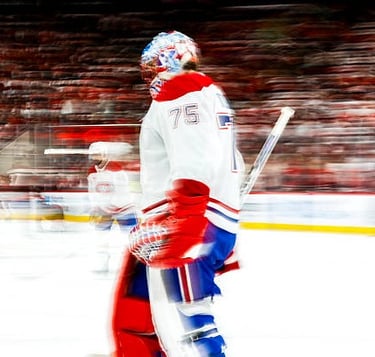 Jakub Dobes #75 of the Montreal Canadiens during game 2 of the ECF against the Carolina Hurricanes (May 23, 2026 in Raleigh)