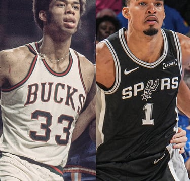 Kareem Abdul-Jabbar (left) as a Milwaukee Buck, and Victor Wembanyama (right) of the San Antonio Spurs, pictured on 5/18/26