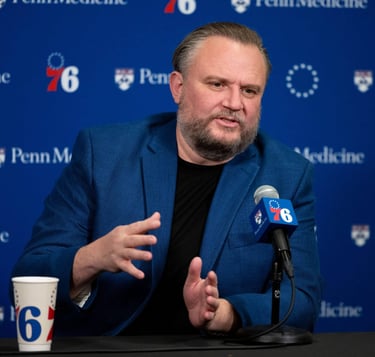 Daryl Morey during a press conference for the 76ers
