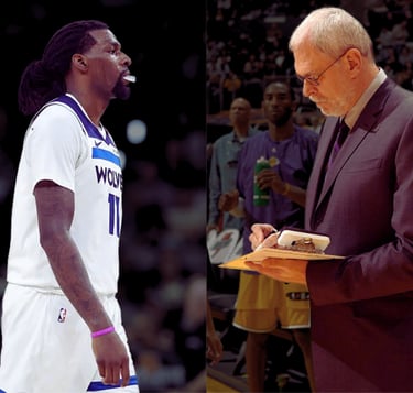 Left: Naz Reid of the T-Wolves during game 5 vs. Spurs (May 12, 2026). Right: Phil Jackson coaching the Lakers (Nov. 9, 2007)