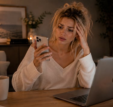 A stressed woman looks at her smartphone while working late at a laptop in a cozy home office.