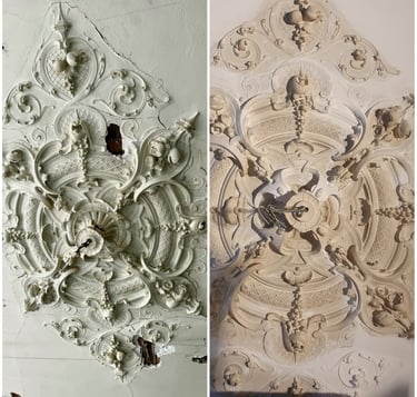 Ornamenten voor en na de restauratie in Delft