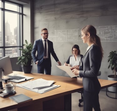 Modern office environment with professional team discussing financial strategies around a sleek black and gold accented conference table.