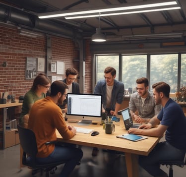 a group of people standing in a server room