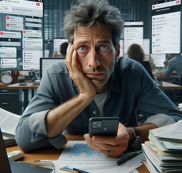 Overwhelmed entrepreneur surrounded by disorganised paperwork