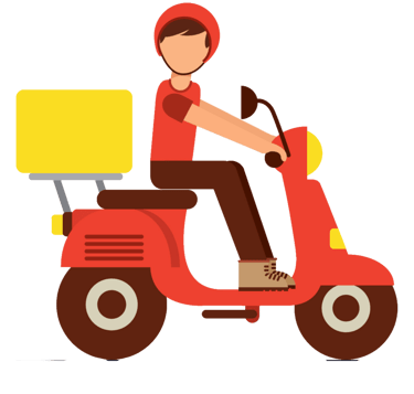Flat illustration of a delivery man riding a red scooter indicating same day delivery