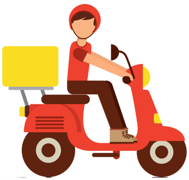 Flat illustration of a delivery man riding a red motor scooter with a yellow cargo box.
