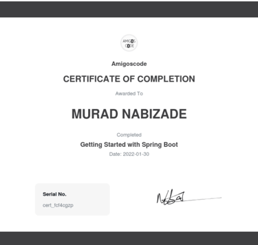 Murad Nabizade certificates, Springboot, Java, Software Developer Certification