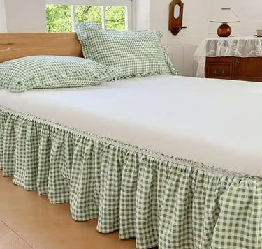 Green Gingham Ruffled Bed Skirt – Adjustable Wrap-Around Plaid Dust Ruffle with Lace, 15-Inch Drop