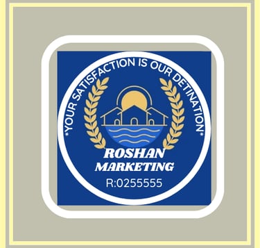 a blue and white sign that says roshan marketing