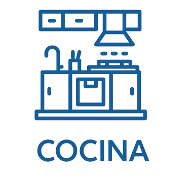 Ícono azul que representa cocina integral equipada en departamento, elemento gráfico