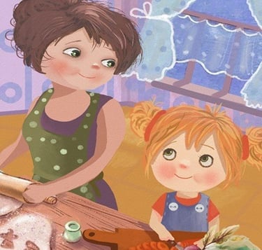 Illustration of a mother and daughter baking and cooking together, sharing a warm smile.