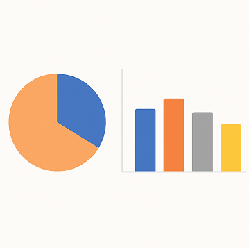 Pie chart and bar chart with segments and bars in varying colors and sizes.