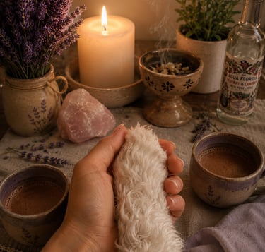 Una mano sosteniendo una pata de perro blanca sobre un altar ceremonial, cacao, vela, copal