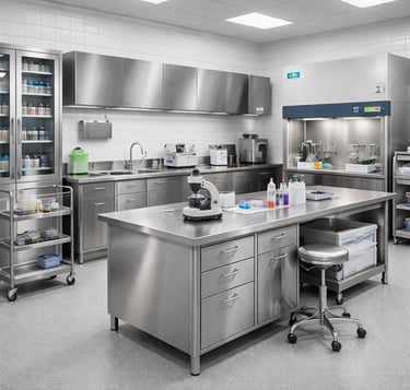 Mesas de procedimiento, mesones de laboratorio, repisas y pozuelos clínicos en acero inoxidable 316