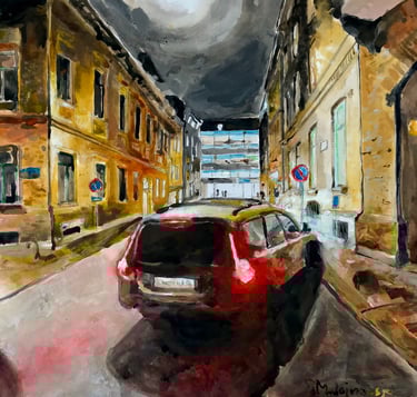 a painting of a car parked on a street