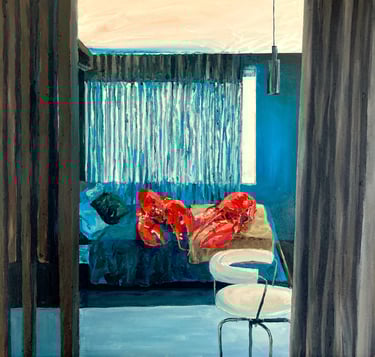 a painting of a lobsters in a bedroom