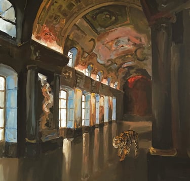 a painting of a corridor in a hostoric mansion  with a tiger