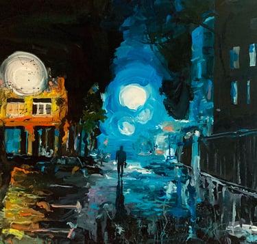 a painting of a night scene in a city with shadowy figure in the background