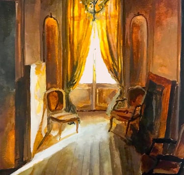 a painting of a room with a chair 
