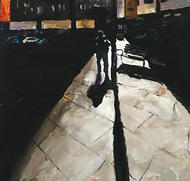 a painting of a man standing next to street light pole