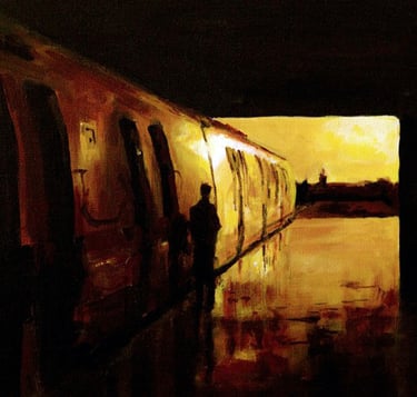 a painting of  train with man standing next to it