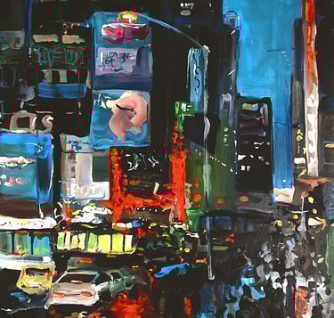 a painting of a city hustle an bustel scene with a bus and a bus